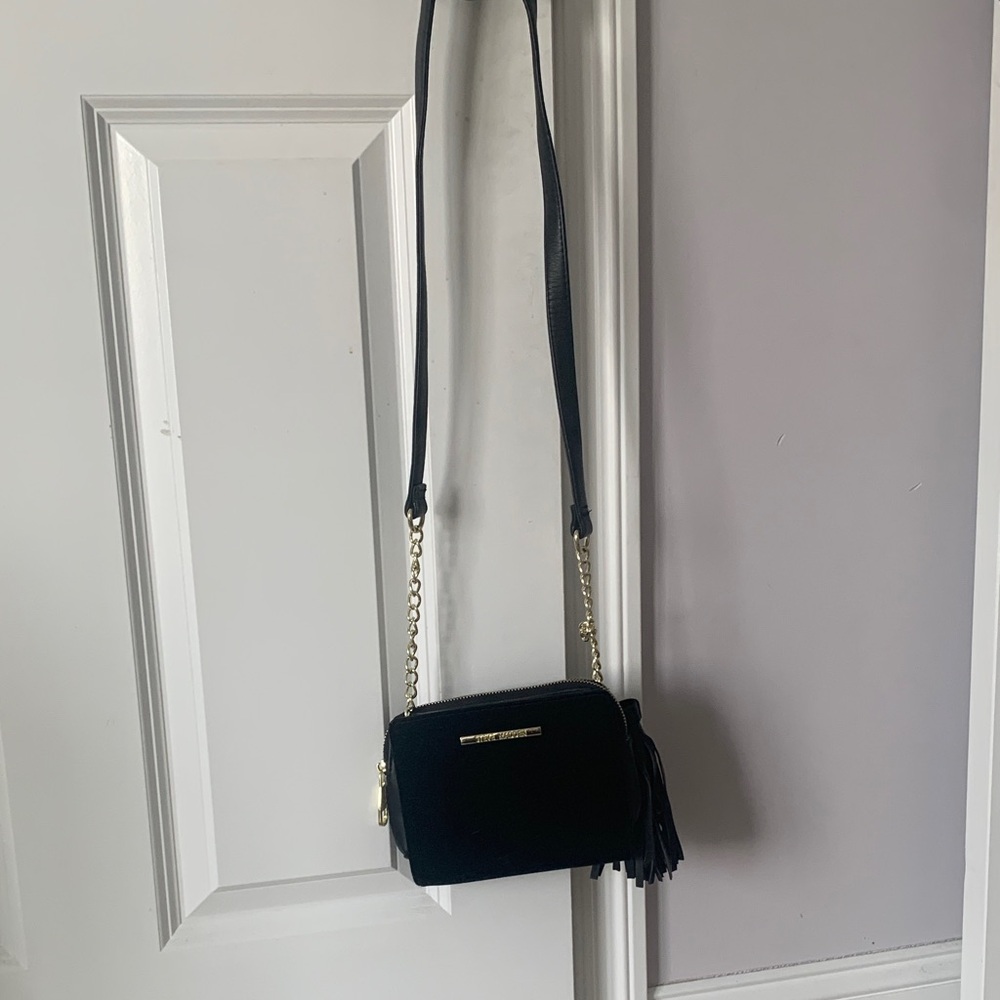 Steve Madden Black Velvet Textured Crossbody Bag with Tassel